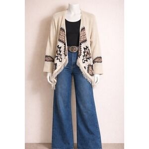 NO BOUNDARIES Cream Aztec Fringe Cardigan Sweater Women's Large